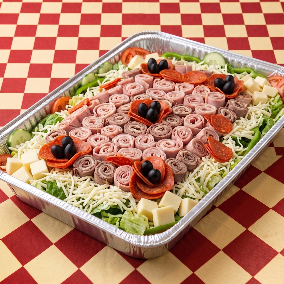 Aluminum tray of rolled deli meats, pepperoni, cheese, olives, lettuce, and vegetables on a red-and-cream checkered tablecloth.