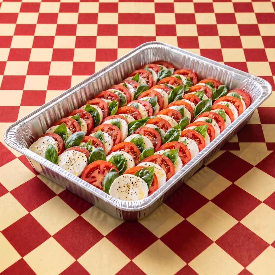 Aluminum tray filled with layered Caprese salad of tomatoes, mozzarella, basil, and pepper on a red-and-cream checkered tablecloth.